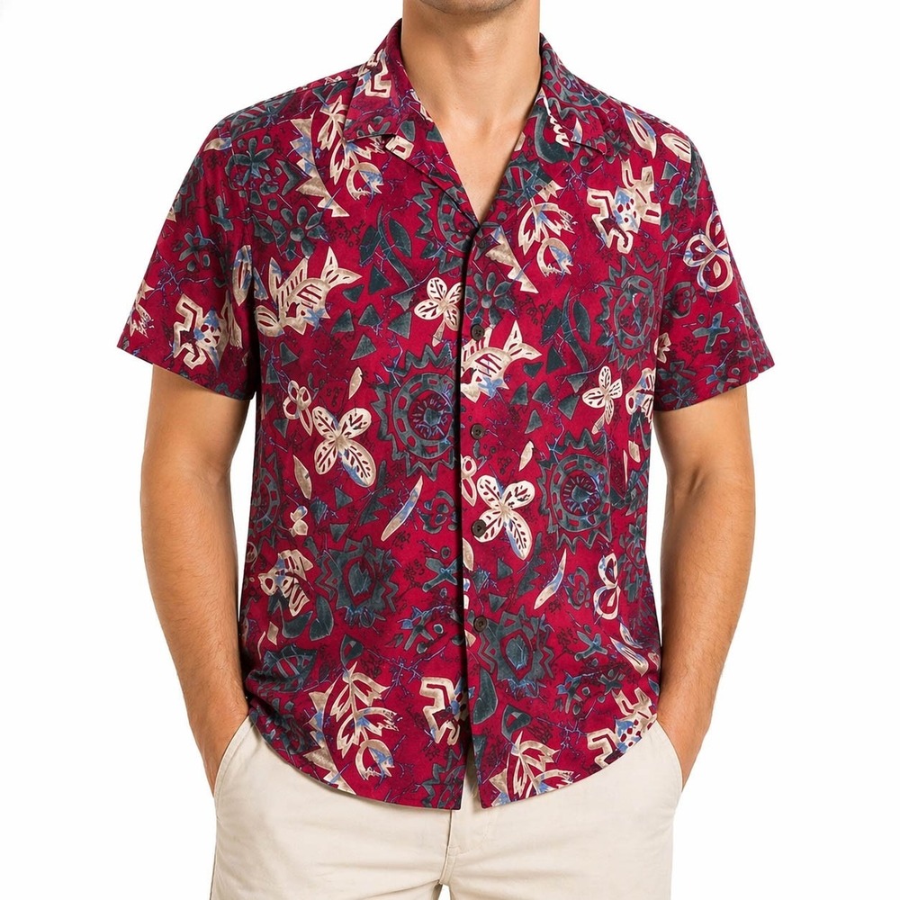 Hilo Hattie Hawaiian Aloha Shirt XL Tribal Floral Red Green Tan Blue Button Up